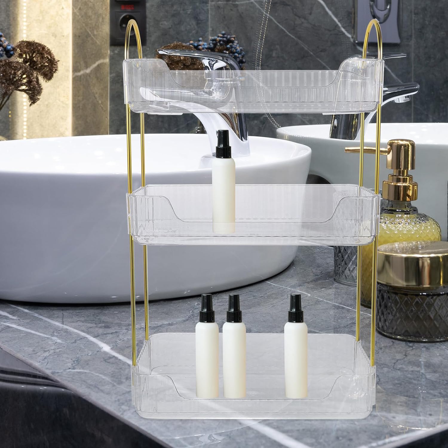 Luxshiny Bathroom Storage Shelf 3-Tier Multi-Layer Countertop Organizer Washroom Desktop Toiletry Storage Rack for Bathroom Vanity