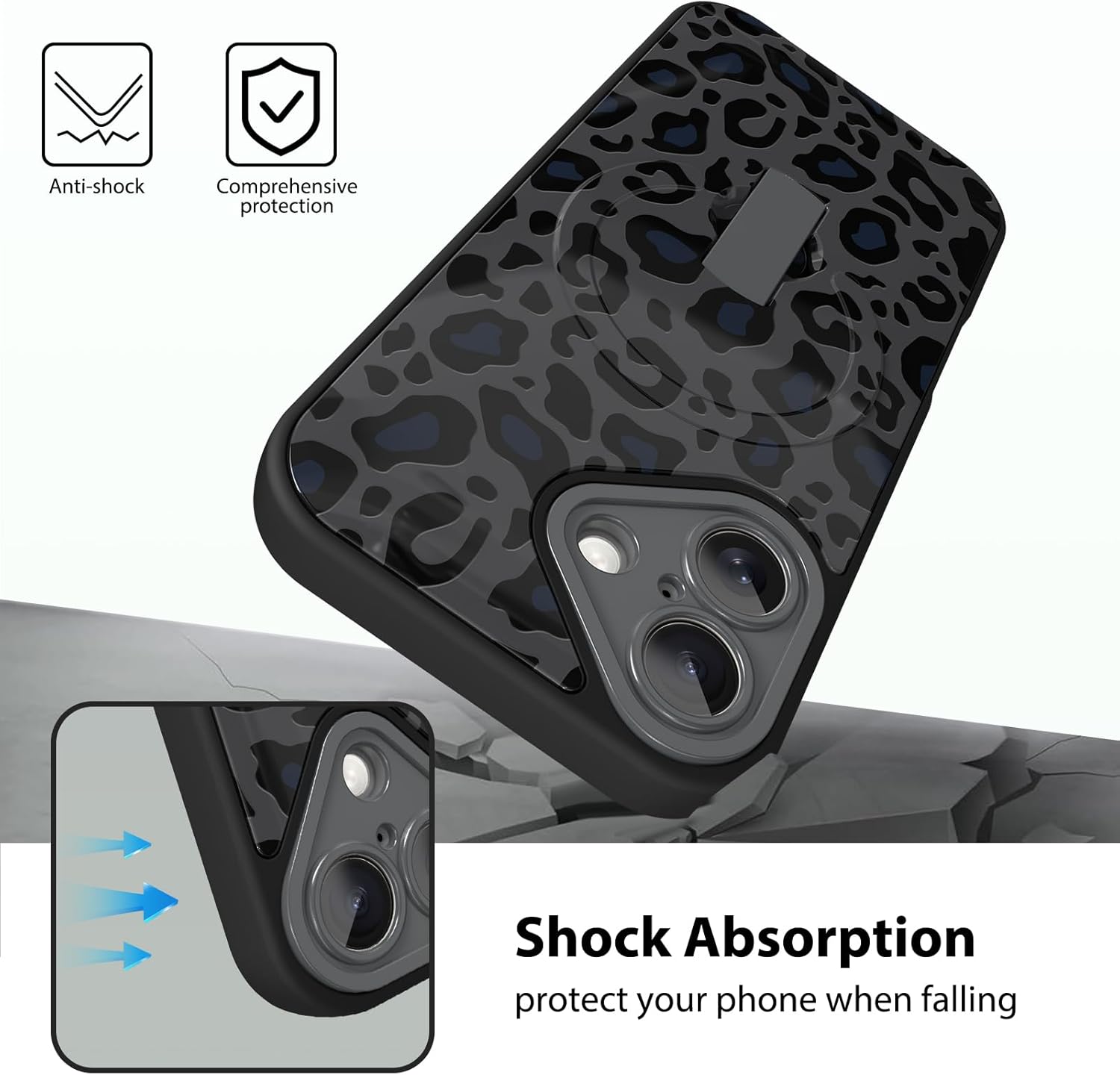 KANGHAR Compatible with iPhone 17 Case Black Leopard Print Pattern Compatible with Magsafe Cute Cheetah Wristband Stand Phone Magnetic Cover for Women Girls Men Protective Cover