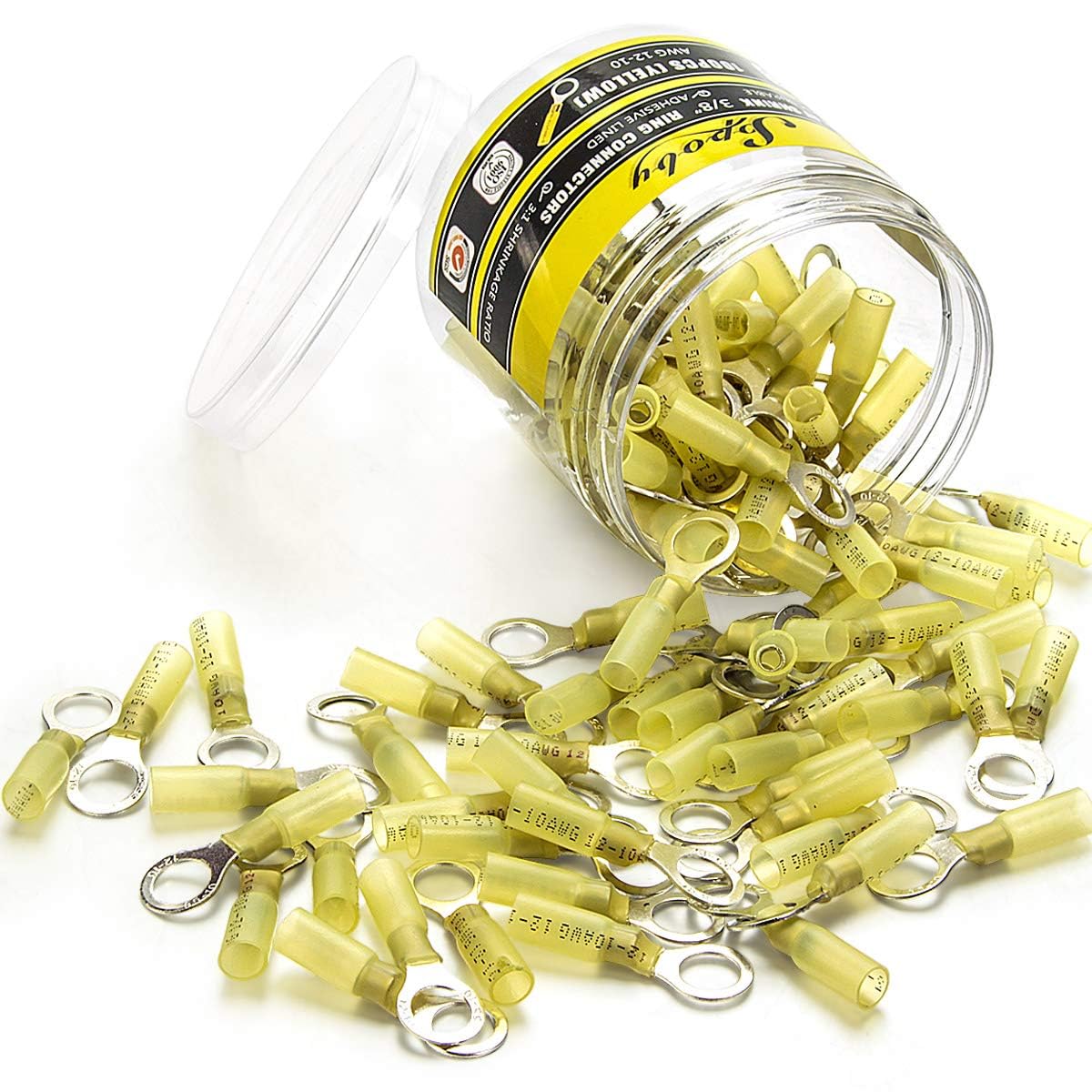100PCS Heat Shrink Ring Connectors 3/8" Yellow 12-10 AWG - Sopoby Heat Shrink Connector Kit - Electrical Crimp Terminals - Automotive Marine Ring