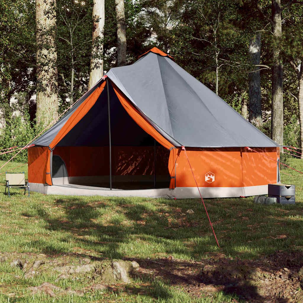 Wodoszczelny namiot rodzinny Tipi dla 12 osób, szaro-pomarańczowy, 600 x 600 x 350 cm, z przyłączem E, 3 kieszenie do przechowywania, wytrzymały poliester 185T, na kemping, do aktywności na świeżym