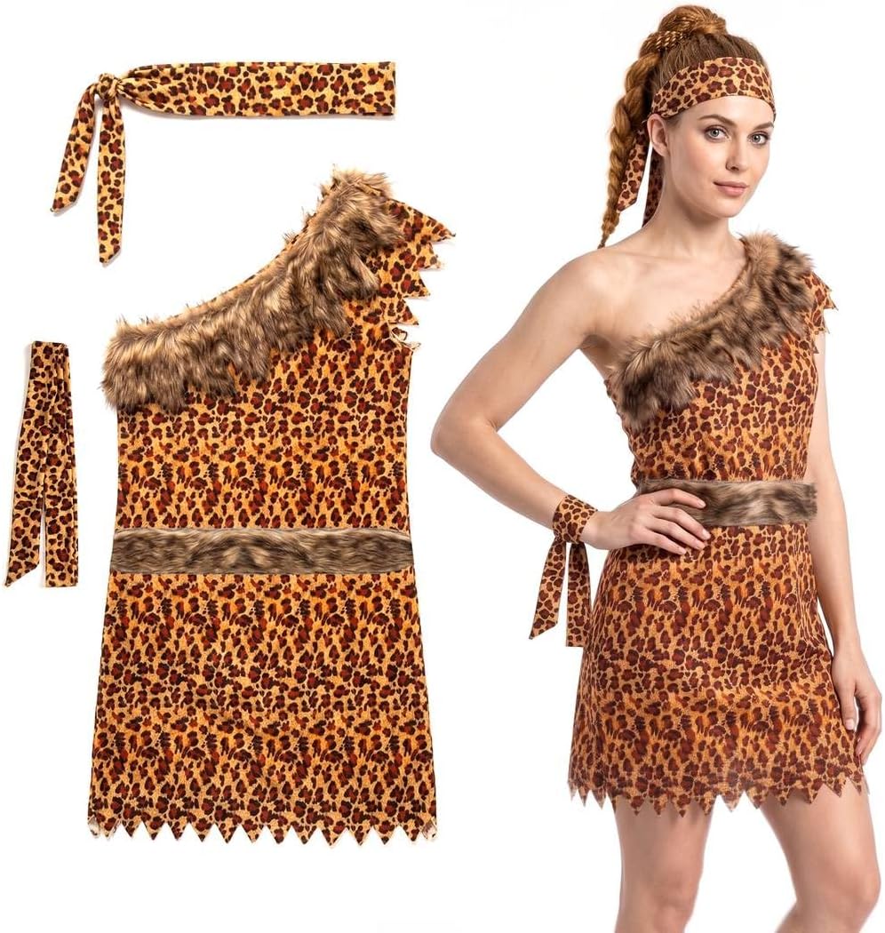 Ladies Caveman Costume - Deluxe Cave Woman Leopard Print Tunic, Matching Headband & Armband - Adults Womens Cave Dweller Halloweeen Fancy Dress Costume