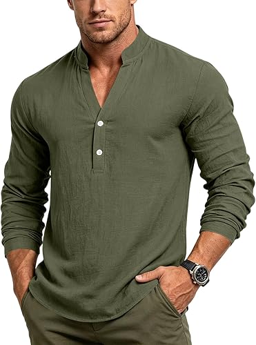 Linen Henley Shirts for Men Long Sleeve,Men's Linen Long Sleeve Shirt Button Sof