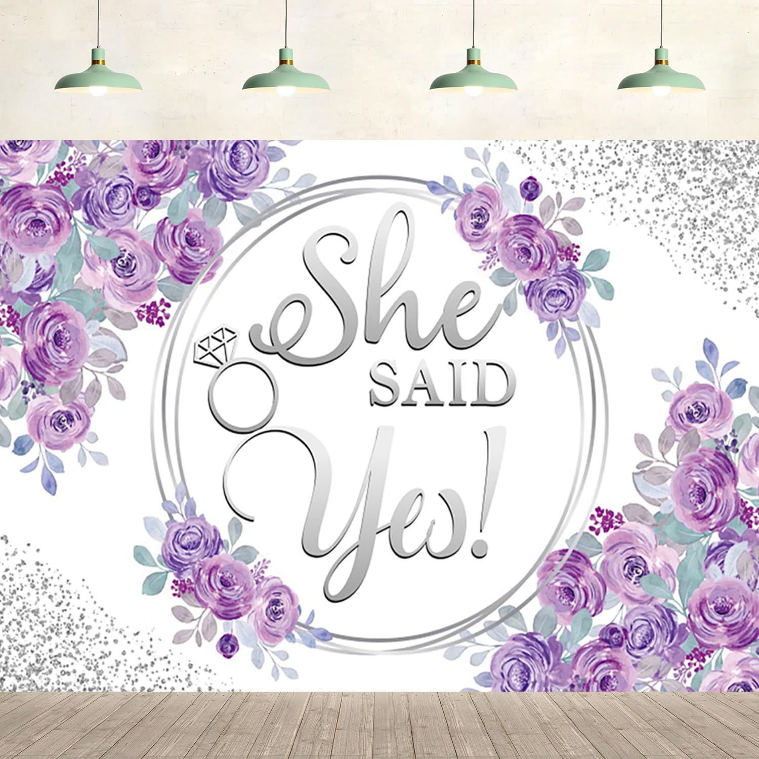 7x5ft Wedding Backdrop She Said Yes Purple Flowers Diamond Ring Bridal Background Wedding Party Supplies Bride to Be Engagement Glitter Spots Wall
