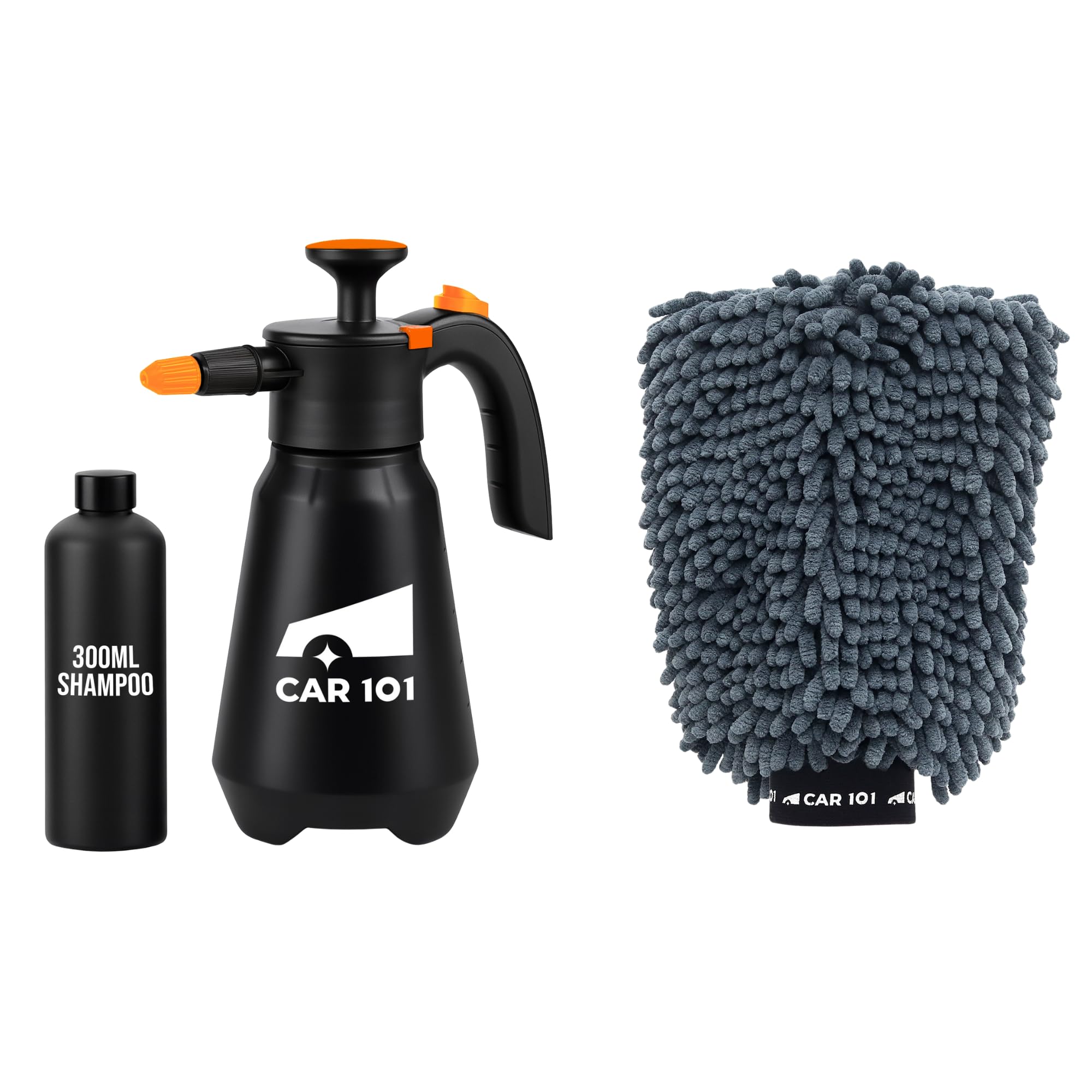 CAR101 Foam Canon + Chenille Microfiber Wash Mitt 1800 GSM | Grey Double-Sided Extra Soft | with 1.5L Durable Tank | 2 Nozzles & Free 300ml Fizz Snow | Foam Shampoo for Thick, Luscious Vehicle Wash