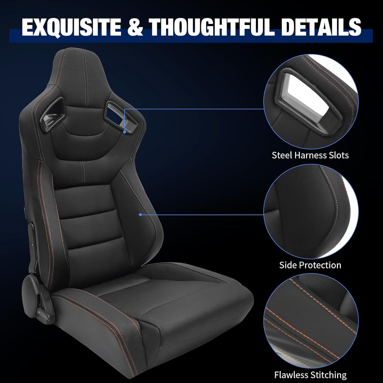 FREEMOTOR802 Racing Seats with Dual Lock Sliders, Universal For Most Cars Vehicles First Row, 1 Pair Reclinable Sport Bucket Seats, PU Carbon Fiber Look Leatherette, Black Orange (Upgraded Version)