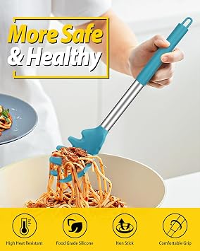 Silicone Pasta Fork and Cooking Spoon Set, Non Stick Kitchen Utensils for Cooking,Stirring,Serving Spaghetti, Soup, Sauce (BLUE)