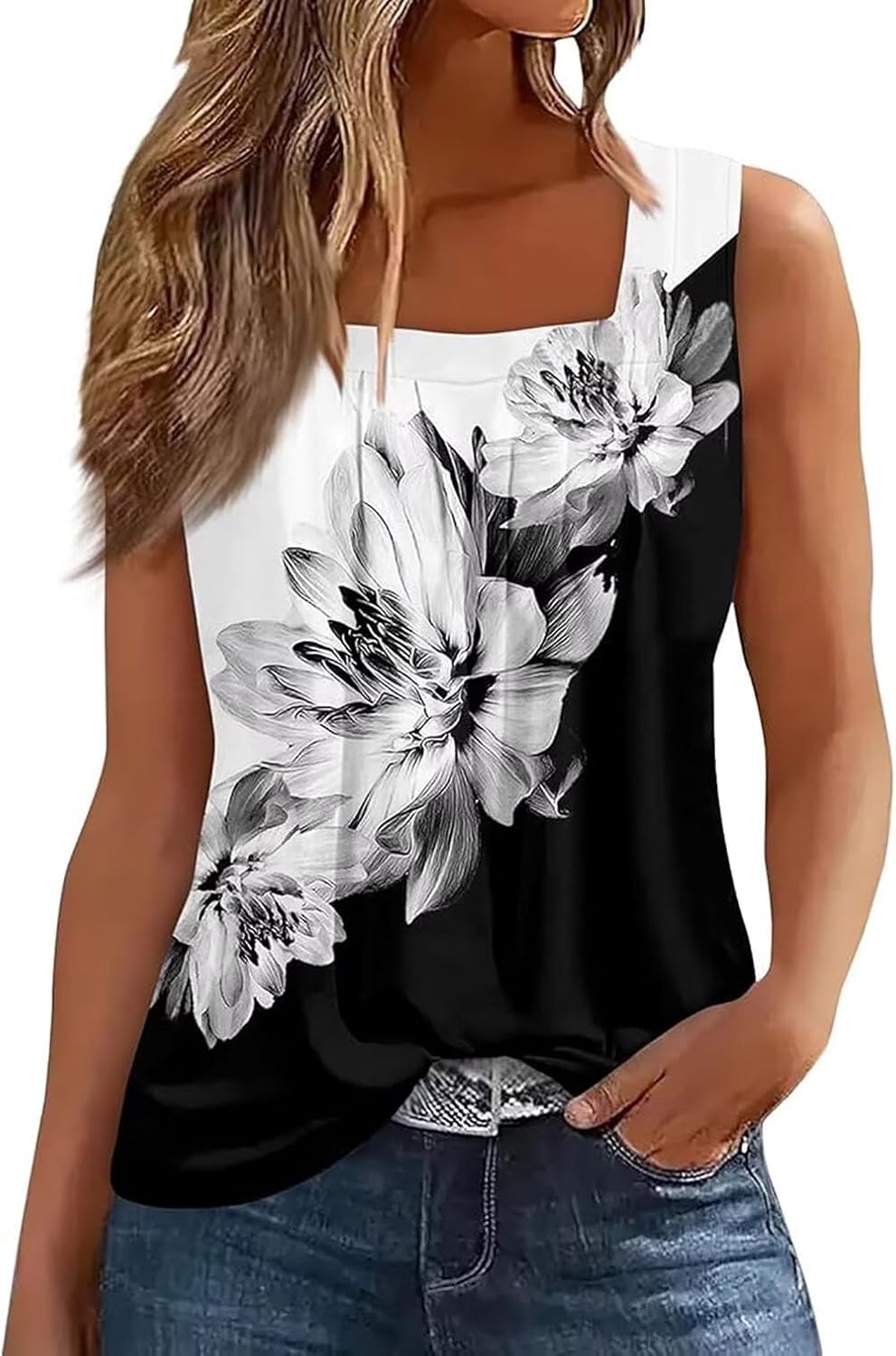 AIMITAG Color Block Ruffled Square Collar Tank Top Women Striped Tank Tee Summer Casual Loose Fit Sleeveless Shirt