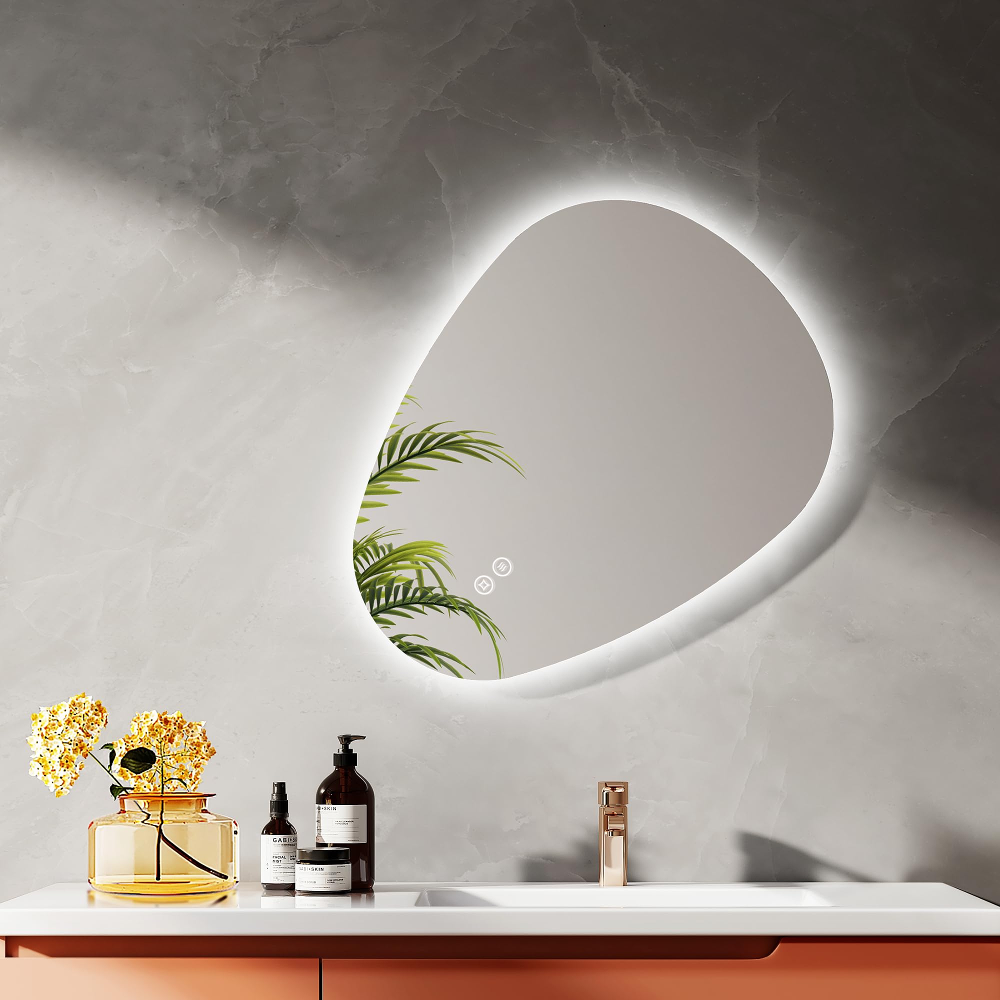 EMKE Badspiegel mit Beleuchtung 60 x 45 cm Asymmetrischer LED Spiegel mit Touch-Schalter, 3 Lichtfarben Dimmbar, Beschlagfrei Badezimmerspiegel mit Beleuchtung IP44 Energiesparend