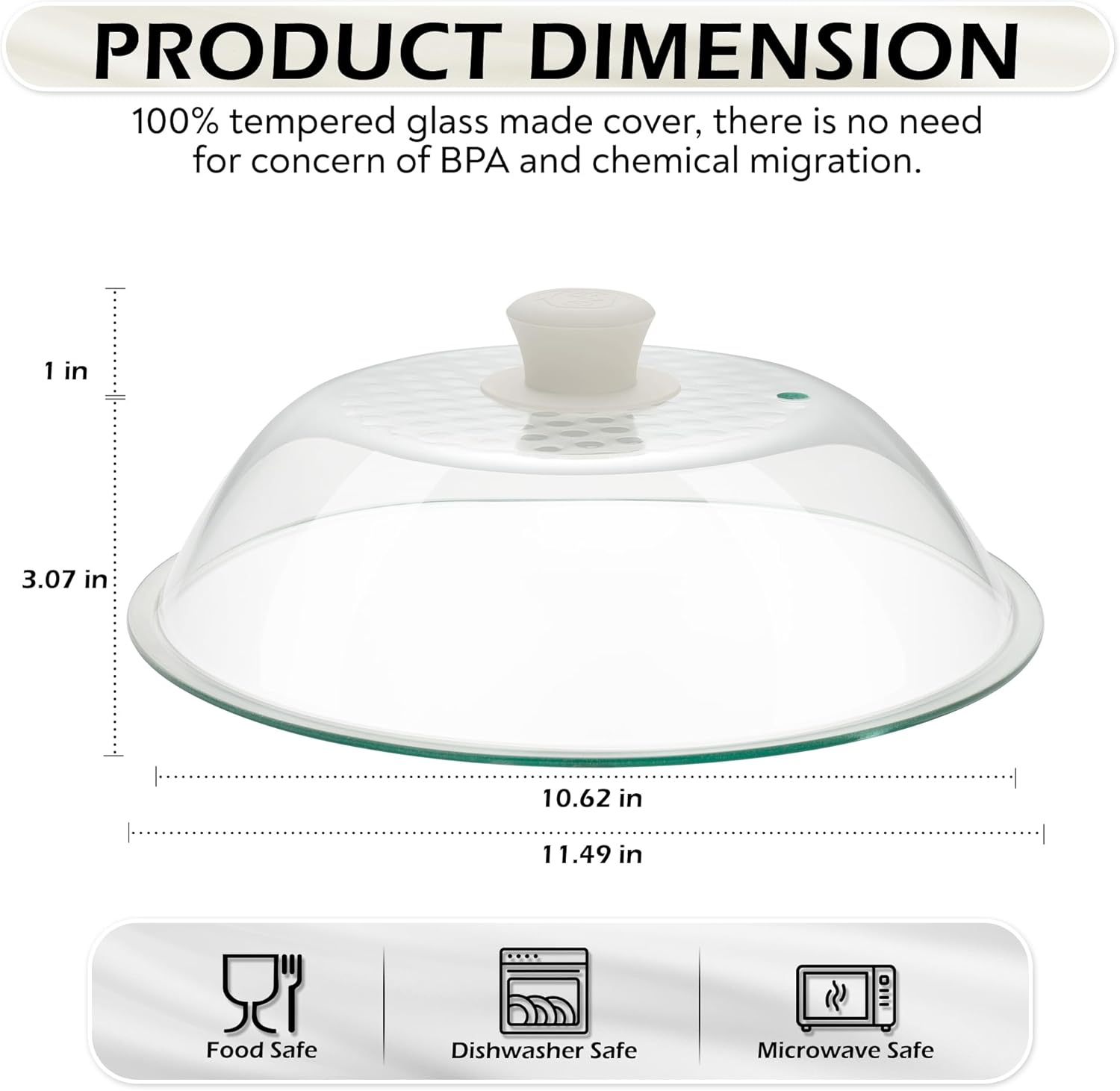 OEC Lighter Weight Tempered Glass Microwave Splatter Cover - 11.5 inch (Inner Diameter 10.6”) - Heat-Resistant -Durable Glass Lid with Vent, Silicone Knob, Dishwasher Safe, 100% Food Grade - BPA Free