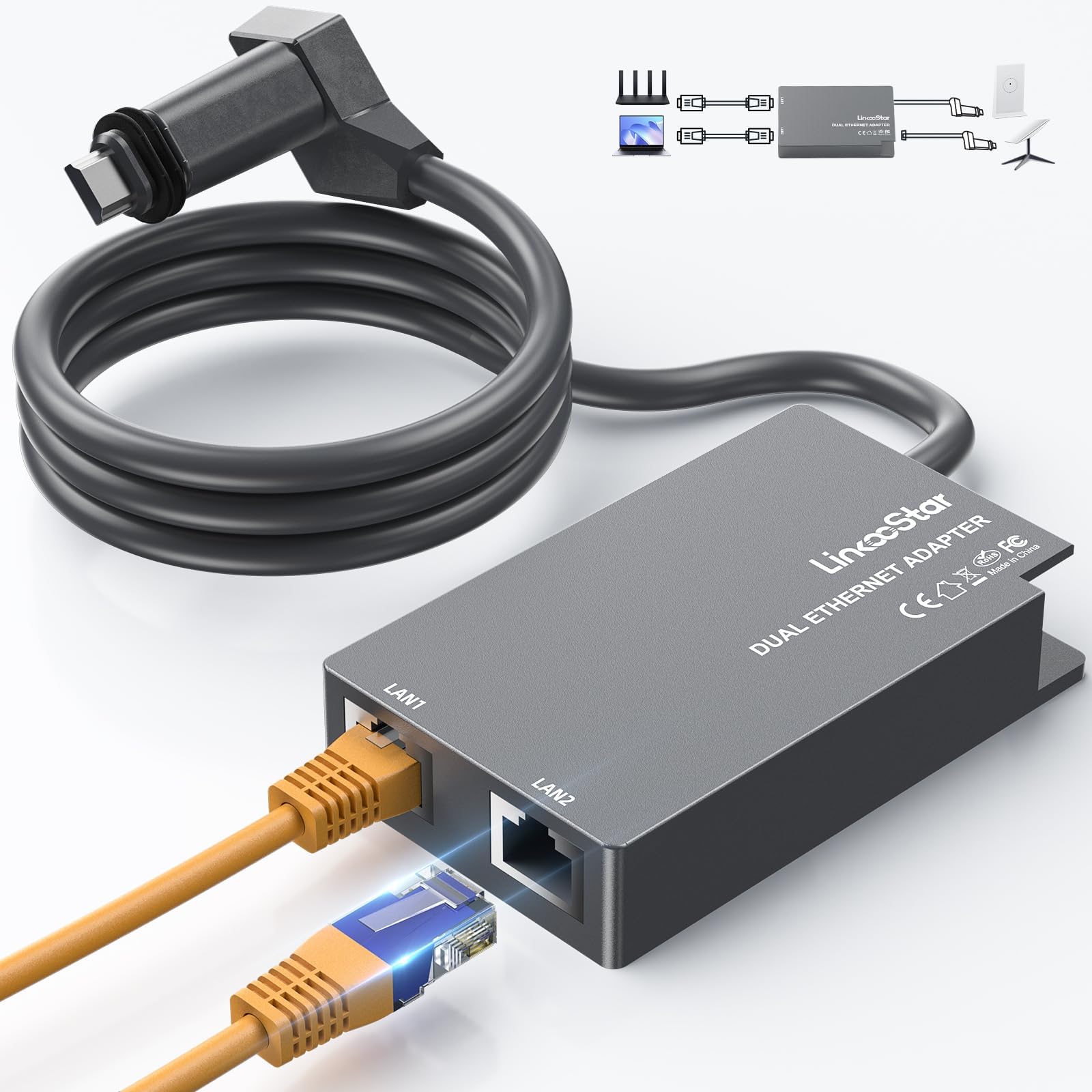 Dual Port Ethernet Adapter for Starlink Gen 2, for Starlink V2 Ethernet Dongles RJ45 Interface Wired Extenders