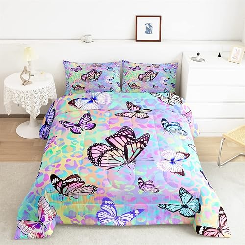 Feelyou Juego de Edredón de Mariposas Coloridas Twin Patrón Impreso de Acuarela Arcoíris Ropa de Cama Acolchada para Dormitorio de Niñas Tie Dye