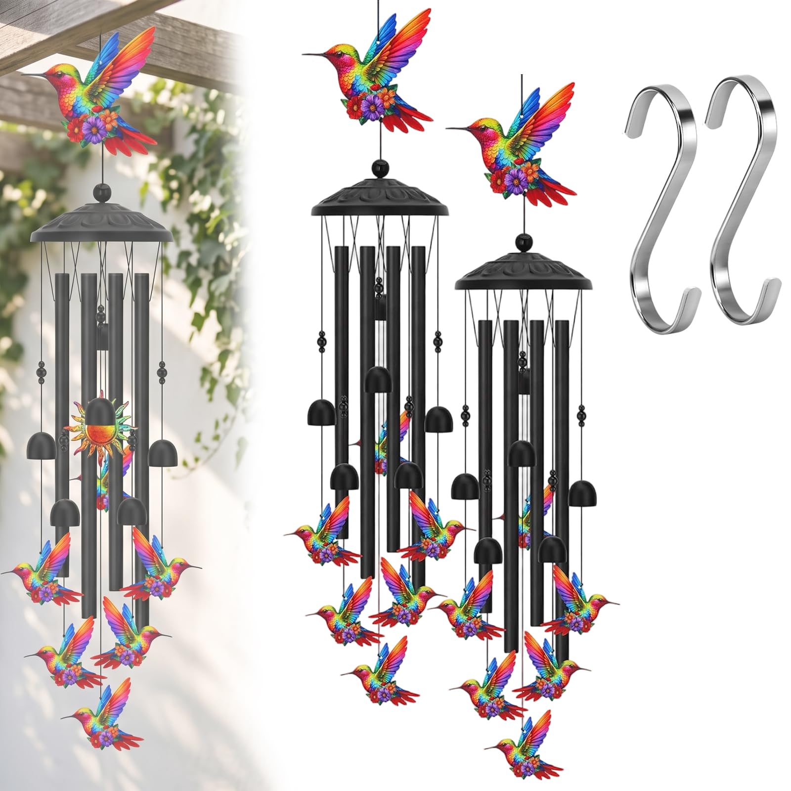 35 In Vintage Colorful Hummingbird Wind Chime With Metal Tubes And Bells, Colorful Enamel Metal Wind Chime, Windchimes Outdoors For Hummingbird Lovers Pet Sympathy Birthday (2PC)