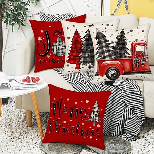 Miniatura 5 de Juego de 4 fundas de almohada rojas de Navidad de 24 x 24 pulgadas, diseño de búfalo a cuadros, árbol de Navidad, camión, copo de nieve de invierno,