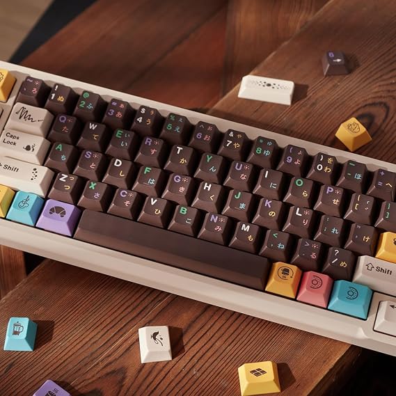 Mintcaps PBT Japanese Brown keycap Set 129 Keys Cherry Profile Cute Keycaps Custom Dye-Sublimation Keyboard Keycaps for 60% 65% 70% 75% Cherry Gateron MX Switches Mechanical Keyboards