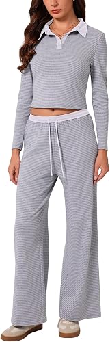 AGYMNX 2 Piece Sets for Women Long Sleeve Stripe Print Tops Wide Leg Pants Casua