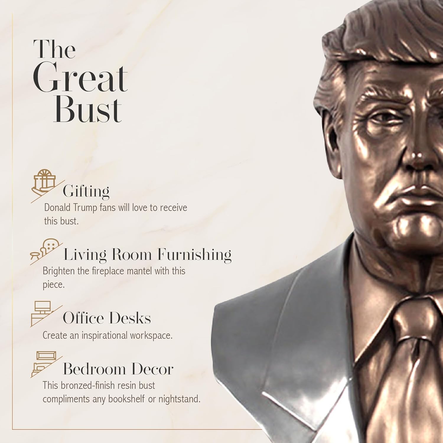 Donald Trump Bust, 45th President Faux-Bronze Statue Head, Trump Merchandise, 18.50 Inches x 11.50 Inches x 28.75 Inches