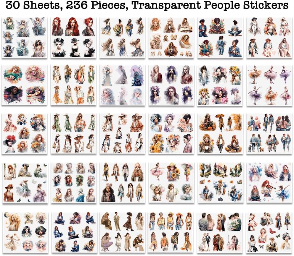Knaid People Scrapbook Sticker Set (30 Sheets, 236 Assorted Pieces) - Journaling Scrapbooking Stickers Planner Sticker Dolls with Diverse Girls & Women for Junk Journal Supplies Laptops Water Bottles
