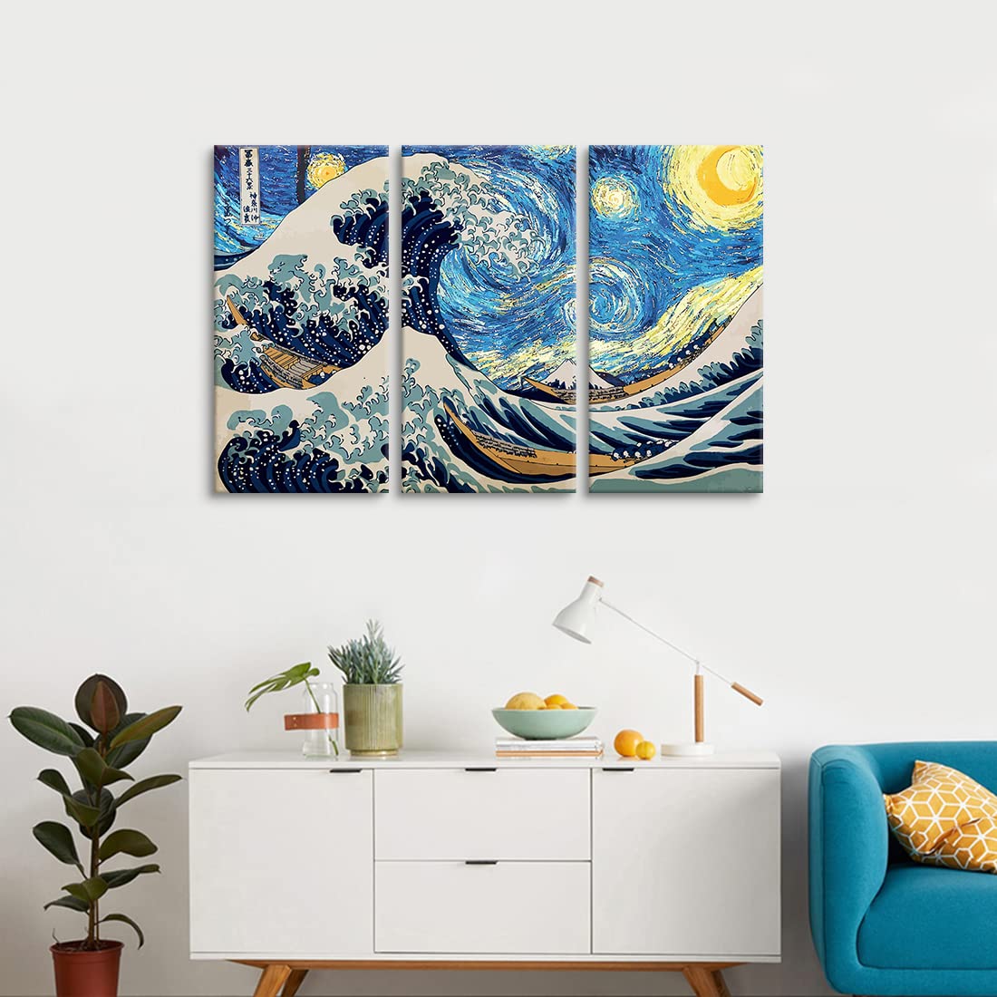 Amazon.co.jp: 3枚 アートパネル 神奈川沖浪裏 星月夜 飾り絵 モダン