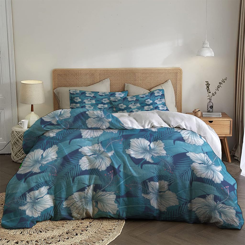 NIBAINLO 布団カバートレンディなハイビスカスの花と葉のハワイアンテーマ 肌に優しい ピーチスキン加工 掛け布団カバー 和式 洋式 あったか 布団カバーセット リバーシブル ホームステイ ホテル 家庭兼用