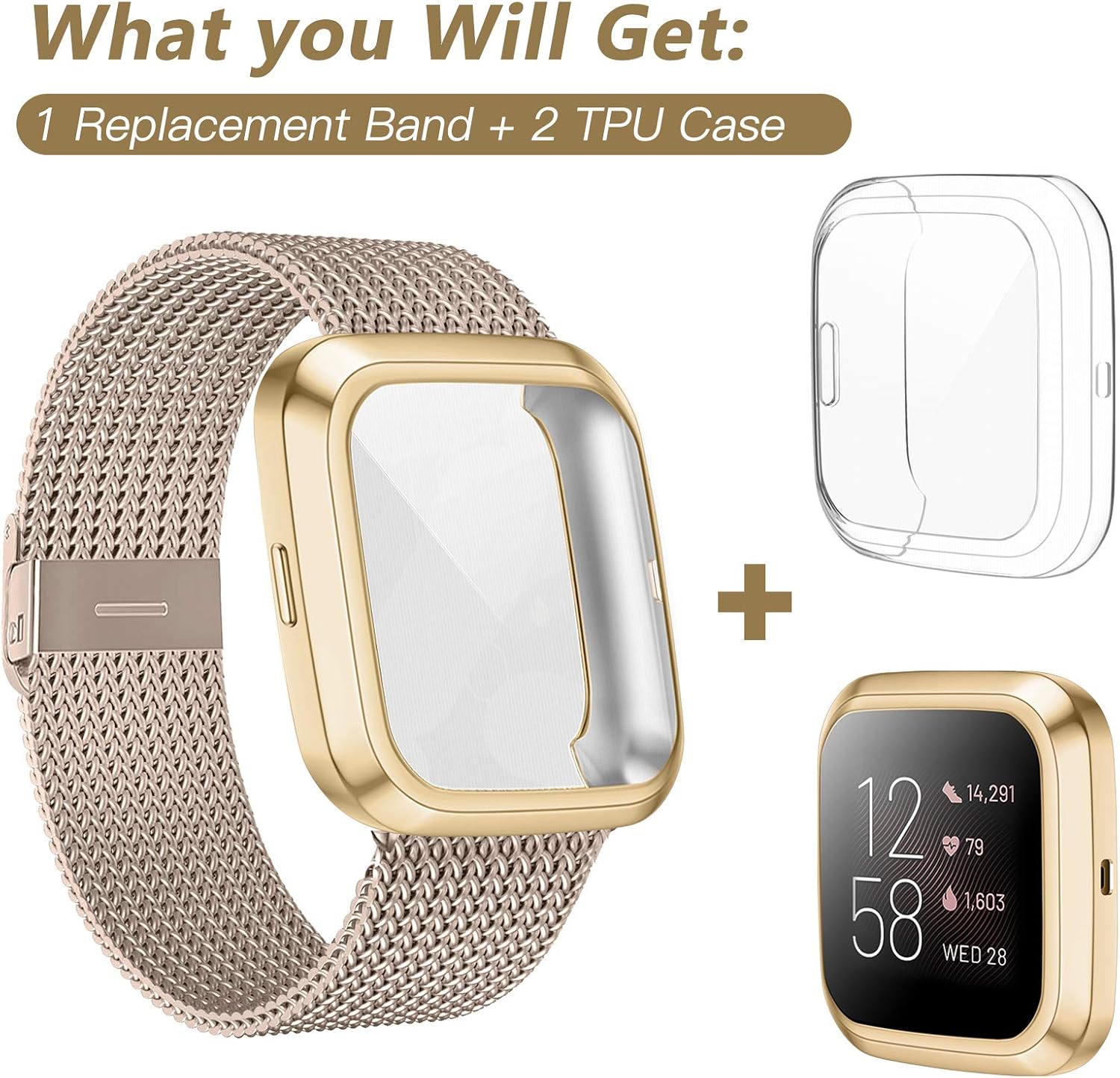HAPAW Metal Bands Plus Screen Protector Case Compatible with Fitbit Versa 2, Stainless Steel Magnetic Mesh Strap Men Women Bracelet Wristbands Accessories with 2-Pack Bumper Cover for Versa 2 Smartwatch (Champagne, Large)