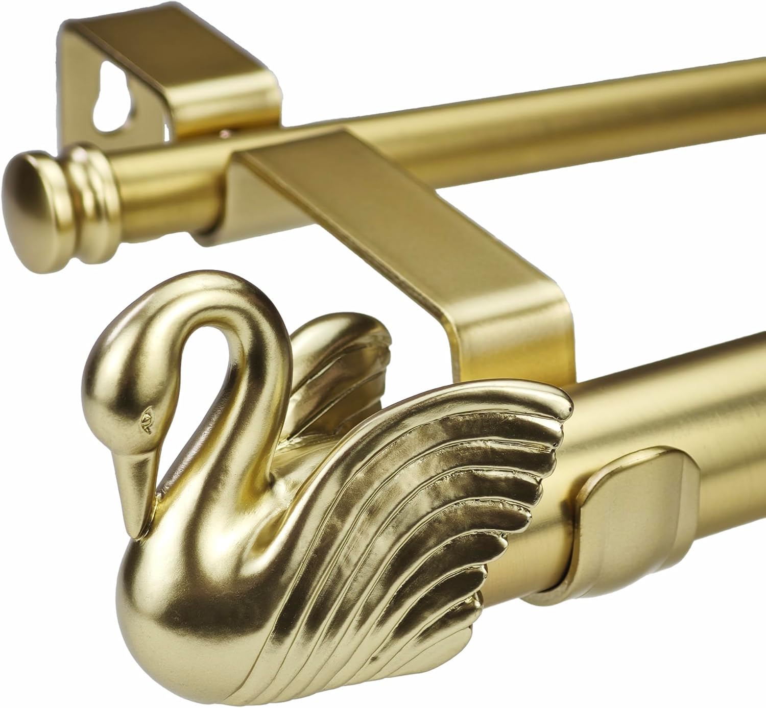1-1/8 Inch Diameter Brushed Gold Curtain Rods with Swan Finial, 36-72'' Telescoping Double Curtain Rods for window width 24-68 inch, 1 pack