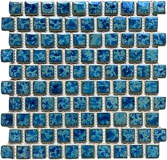 Seawater Brick 1 Inches Blue Green Gold Porcelain Mosaic Tile, 1 Sheet, for Kitchen Backsplash, Bathroom Walls, Shower, Pool, and Accent Wall Applications