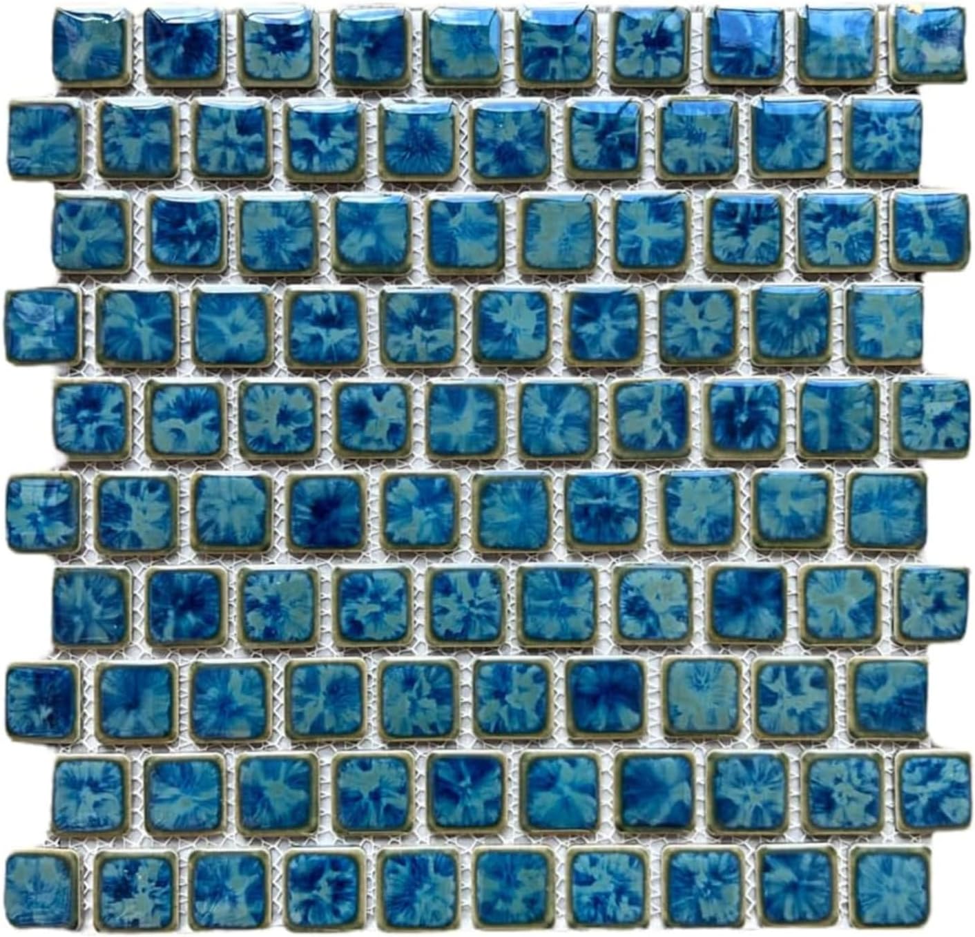 Tenedos Seawater Brick Pattern Blue Greenish and Gold 1 Inch Porcelain Pool Mosaic Floor and Wall Tile for Backsplash, Kitchen, Bathroom, Swimming Pool (20 Sheets)