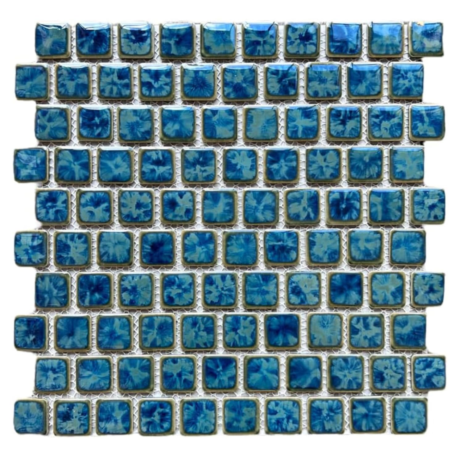 Tenedos Seawater Brick Pattern Blue Greenish and Gold 1 Inch Porcelain Pool Mosaic Floor and Wall Tile for Backsplash, Kitchen, Bathroom, Swimming Pool (20 Sheets)