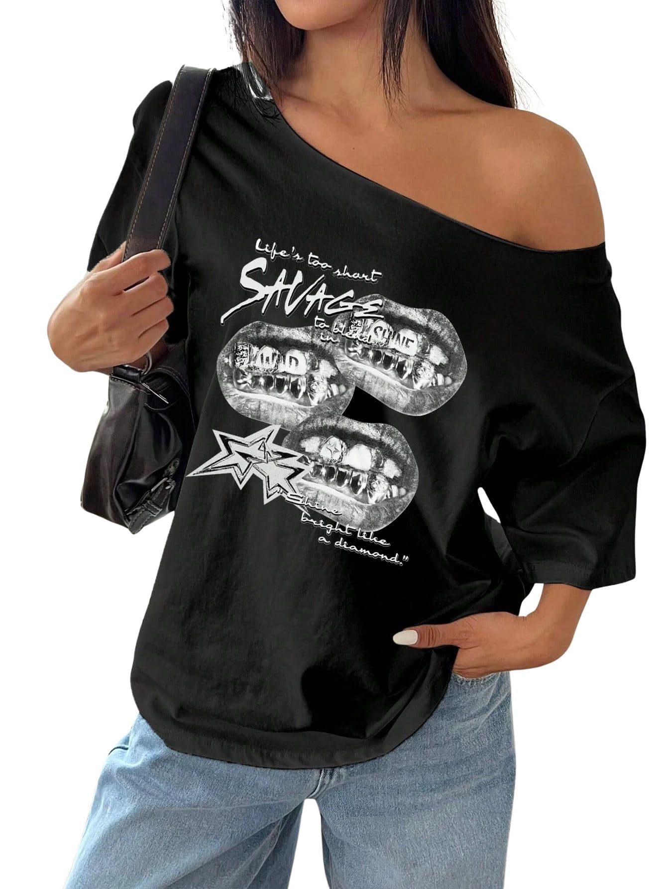 sxv style Women's Off Shoulder t Shirt, Savage Lips Graphic Print, Long Sleeve, White and Black-picture-42