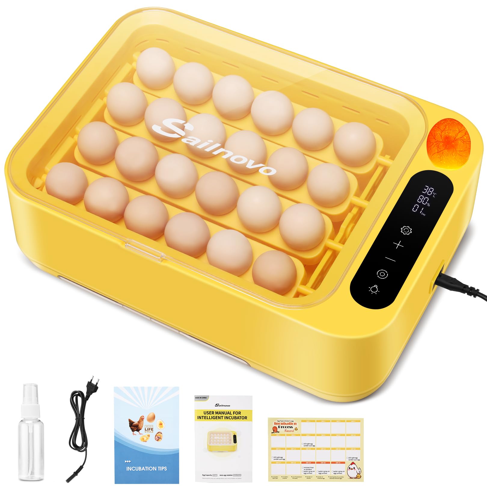 Sailnovo - 24 incubadoras para pollos, otras aves + 20 huevos + incubadora totalmente automática + control de temperatura + indicador de humedad + adición de agua externa- amarillo