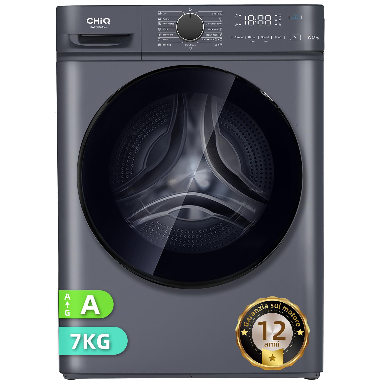 CHiQ CW07123863AX Lavatrice Slim- 7KG, Classe A, Motore BLDC 1200 RPM, Vapore e Lavaggio rapido, 15 Programmi, Design compatto (60x46,5x85cm) - Grigio moderno