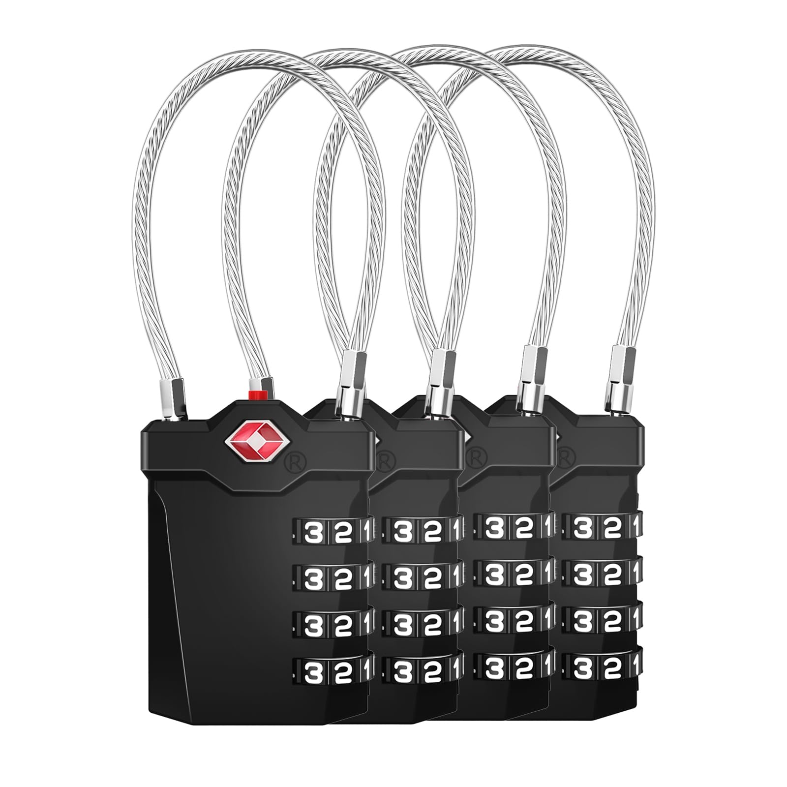 ZHEGE Candado Maleta Viaje TSA, Candados de Equipaje para Maletas, Mochilas, Maletines, Bolsas, Caja de Medicamentos, Candado Numerico con Alarma de Apertura y Flexible Cable (4 Piezas, Negro)