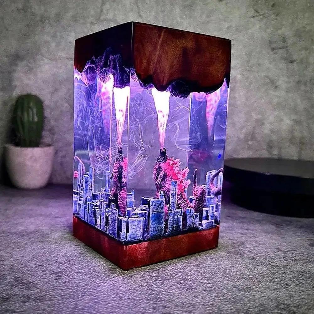 Godzilla lampka nocna z żywicy epoksydowej 3D, figurki Godzilli z żywicy z kablem USB, lampka nocna Monster z pilotem 16 kolorów, wielokolorowa lampka nocna LED, dekoracja biurka, prezent (styl
