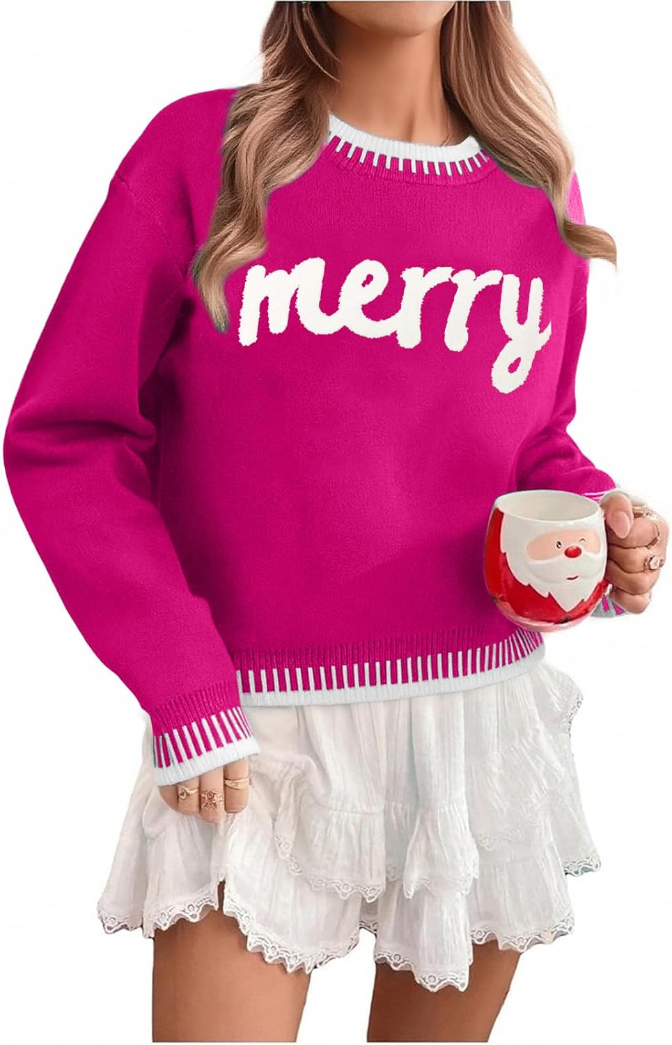 LUKYCILD Christmas Sweaters for Women Merry Sweater Long Sleeve Crewneck Sweaters Rib-Knit Sweatshirt Xmas Pullover Tops