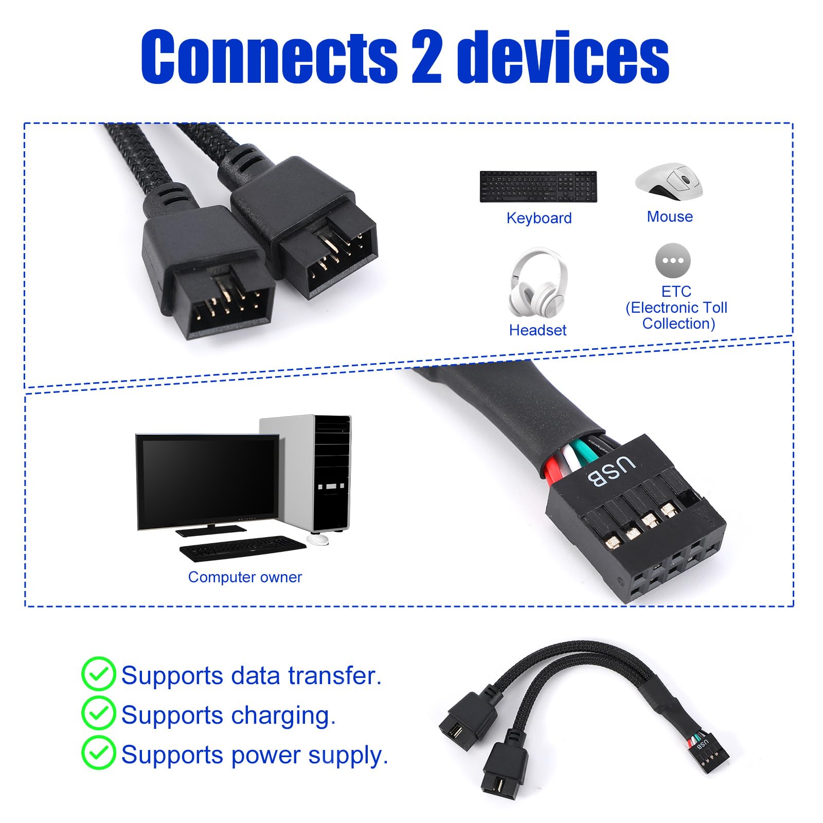2szt Przedłużacz USB 2.0 do Płyty Głównej z Dwoma 9-Pinowymi Złączami, 9-Pinowy Czarny Rozdzielacz USB 2.0 z Plecioną Końcówką do Wewnętrznej Płyty Głównej Komputera
