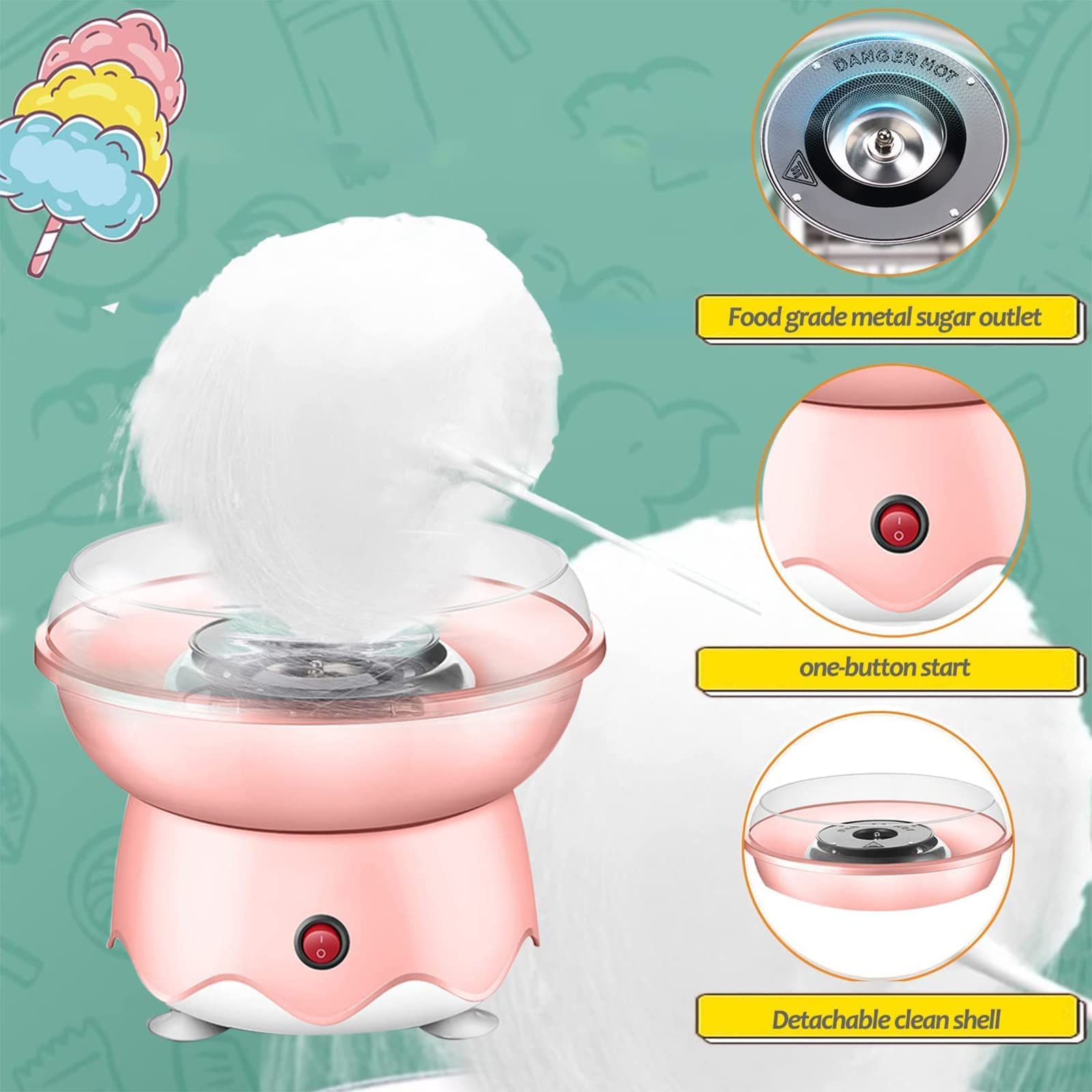 Máquina de algodón de azúcar, Interruptor de un botón, minimáquina eléctrica de algodón de azúcar Completamente automática para Regalo de niños, Fiesta Familiar de cumpleaños, Acci