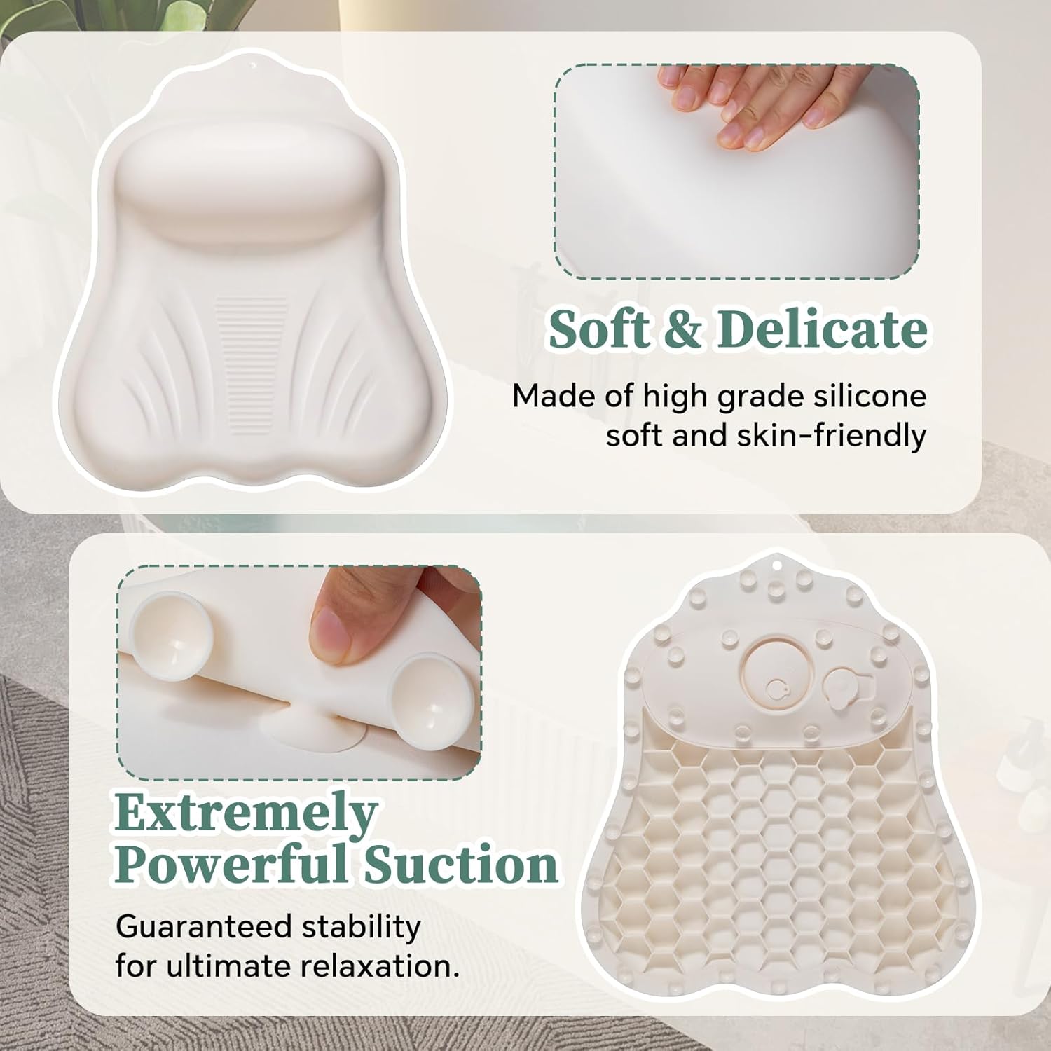 Luxury Silicone Bath Pillow for Tub, New Cloud-Soft 4D Air-Cushion Bathtub Pillow for Head and Neck & Back Support, Strong Suction Cups, Waterproof Quick-Dry Bathtub Headrest (White)