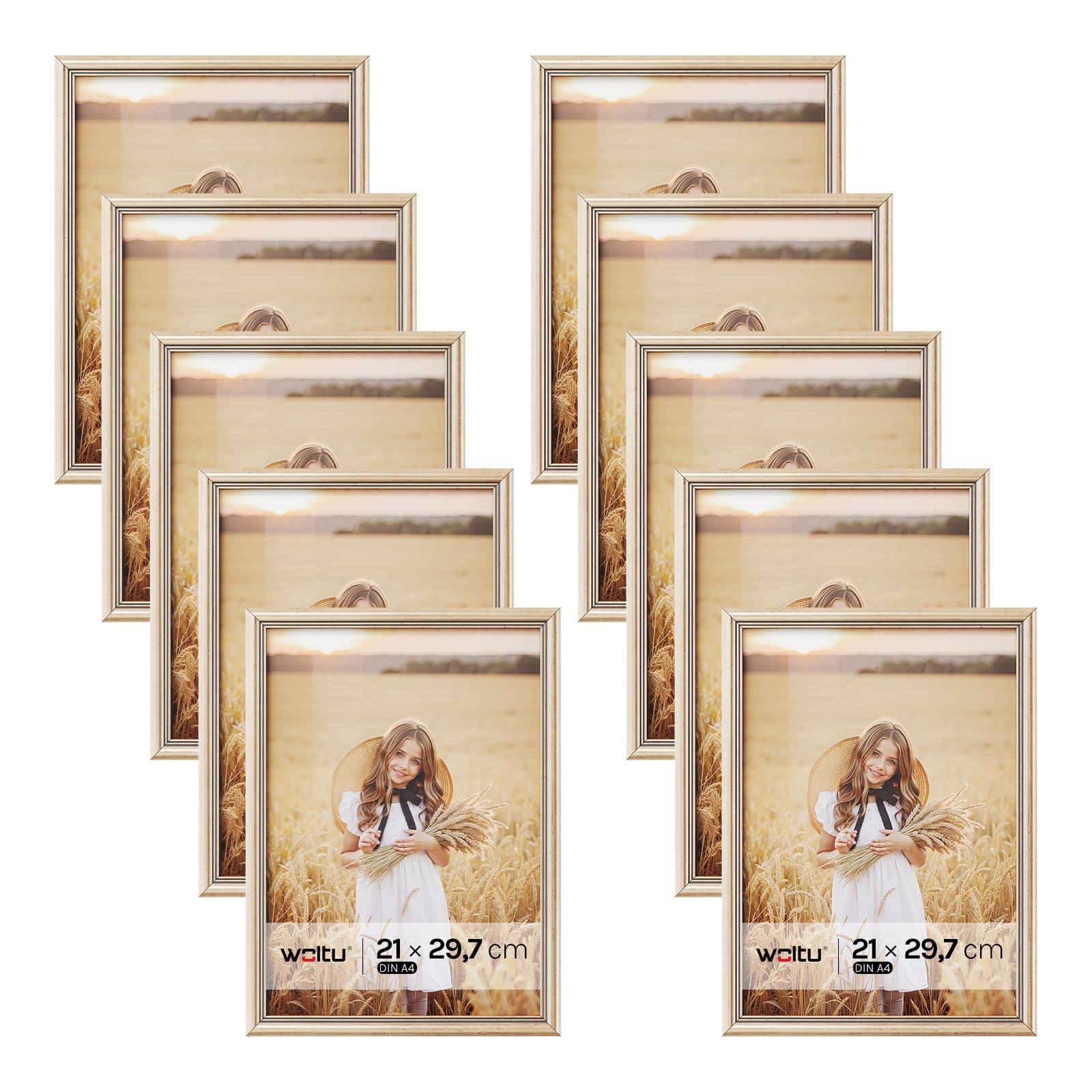 WOLTU Lot de 10 Cadre Photo A4 21x29,7cm Cadre en Bois Massif avec Passe Partout, Suspendre Horizontalement ou Verticalement, Décoration Murale ou sur Table, Or