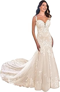 Chicbridal Sparkly Mermaid Wedding Dresses for Bride Long V Neck Lace Appliqeus Tulle Bridal Gowns with Train