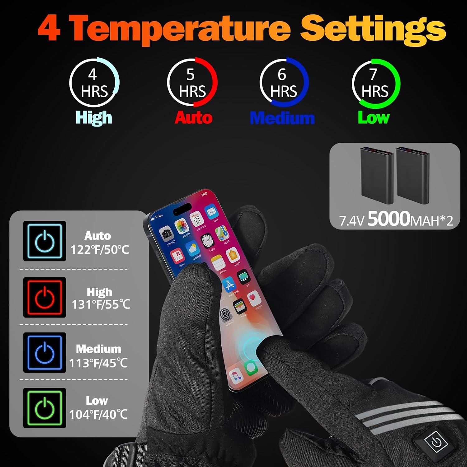 Heated Gloves for Men Women, Rechargeable Heated Gloves with 4 Temperature Modes, 7.4V 5000mAh Battery Waterproof Camping Hand Warmers for Motorcycle Skiing Hiking