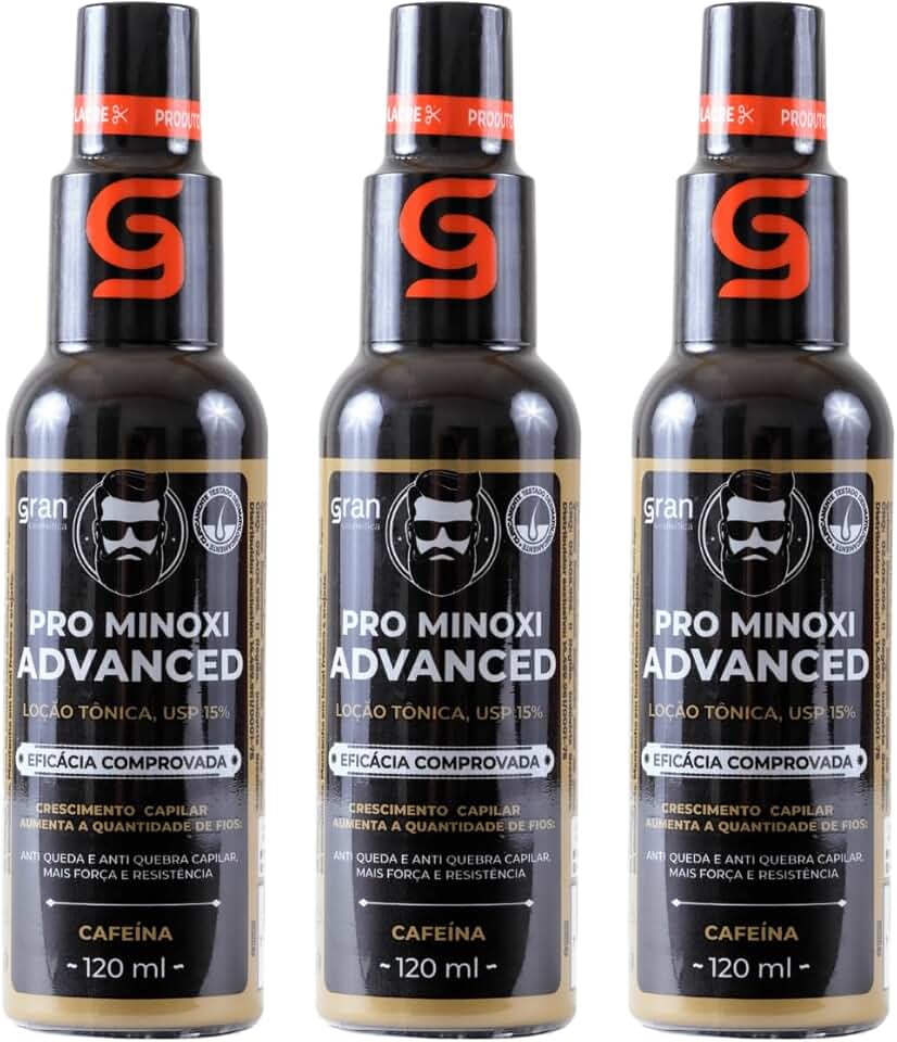 Kit 3 Tônico Pro Minoxi Advanced 120ml Gran Cosmética Antiqueda e Crescimento de Barba Cabelo e Sobrancelha Preenchimento de Falhas