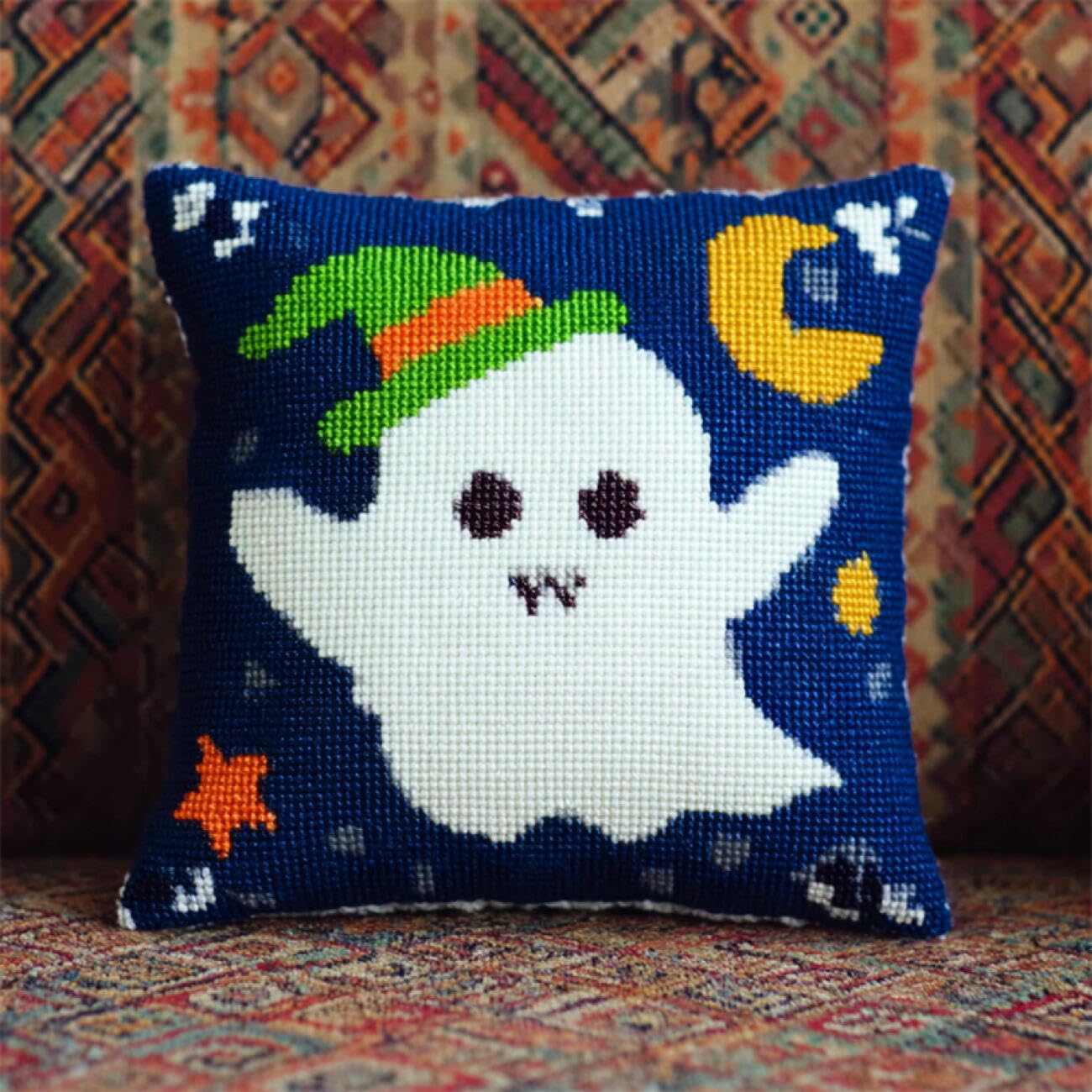 Henypt 9CT Cross Stitch Cushion Kits Cartoon Ghost DIY Cushion Embroidery Kit Needlepoint Handmade Needlework Cushions Kits Stitched Pillow Cover Set for Adults Beginners 50x50cm