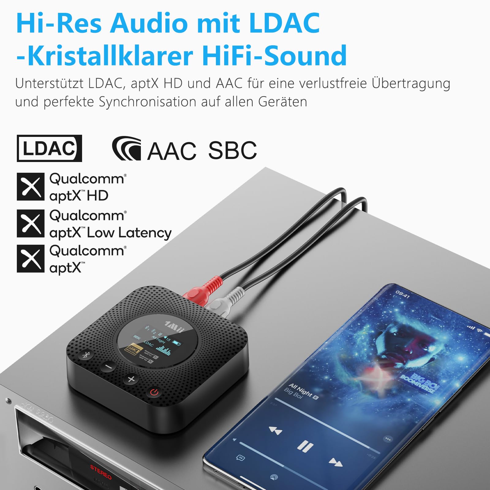 1Mii B06HD+ Hi-Res Bluetooth 5.3 Receiver mit LDAC & aptX HD, Audiophiler DAC & OLED-Display – Kabelloser Audio-Empfänger für Stereoanlage & Lautsprecher (Optisch/Cinch/Koaxial)