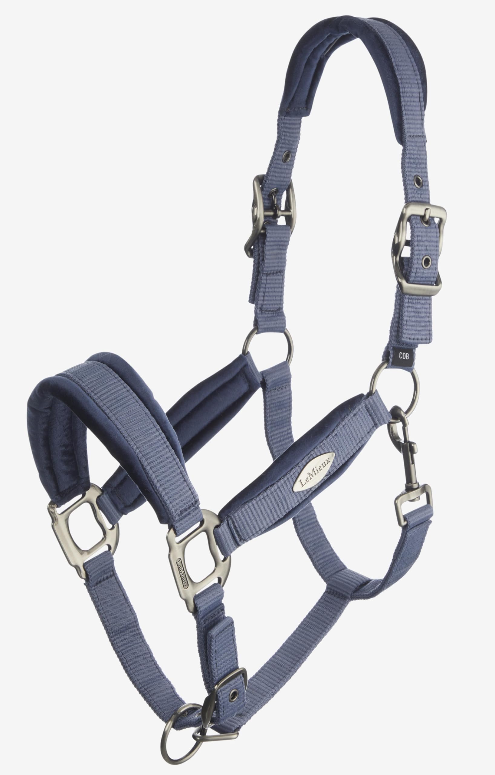 LeMieux Versailles Headcollar - Poll Strap Velvet Inserts - Cheek Pieces and Noseband - Multi-Adjustable at Curb and Poll Strap - Solid Nickel Buckels and Fastenings - Jay Blue - Pony