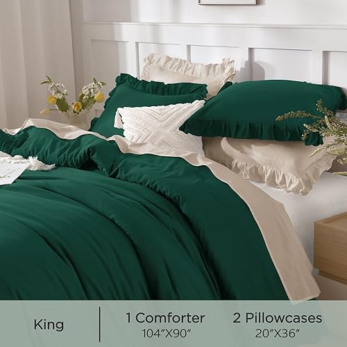 Miniatura 36 de Andency Juego de edredón beige tamaño King, 3 piezas estilo farmhouse shabby chic con volantes, ligero esponjoso suave de microfibra para todas