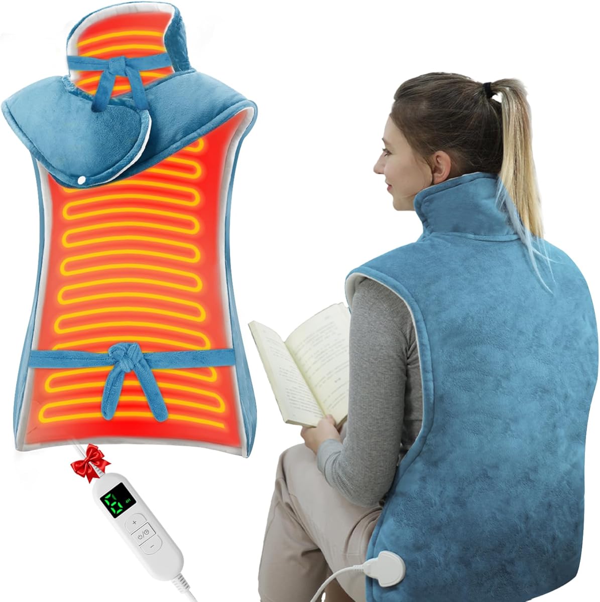 Almohadilla Térmica para Cuello y Espalda, Almohadilla Térmica Eléctrica con 6 Niveles de Calor, Temporizadores de Apagado Automático, Calentamiento Rápido, Lavable a Máquina, 60x108 cm