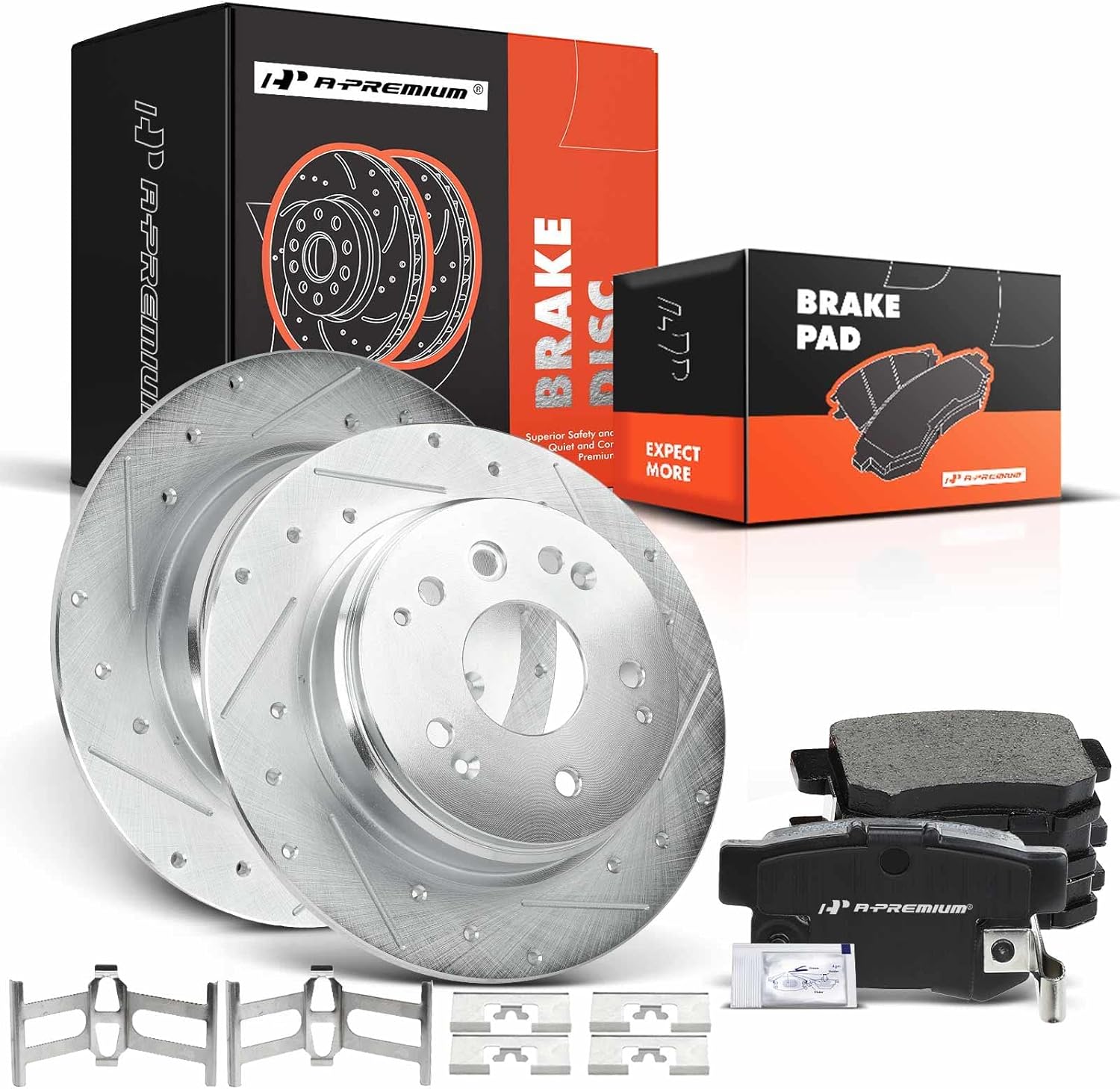 A-Premium 11.10 inch (282mm) Rear Drilled and Slotted Disc Brake Rotors + Ceramic Pads Kit Compatible with Select Acura and Honda Models - TL 2004-2008, Element 2004-2011, 6-PC Set