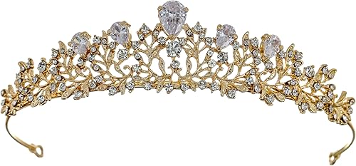 Samky Tocado nupcial de boda de oro, corona de diamantes de imitación, accesorios para el cabello de cristal para la novia, Metal, Cristal