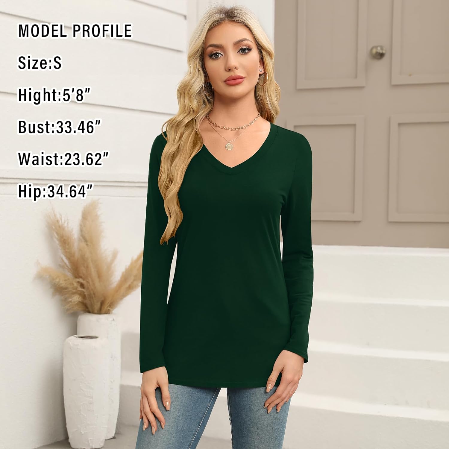 Elesomo Long Sleeve Shirts for Women Cotton Tshirts V Neck Spring Tops Basic Tee - Image 4