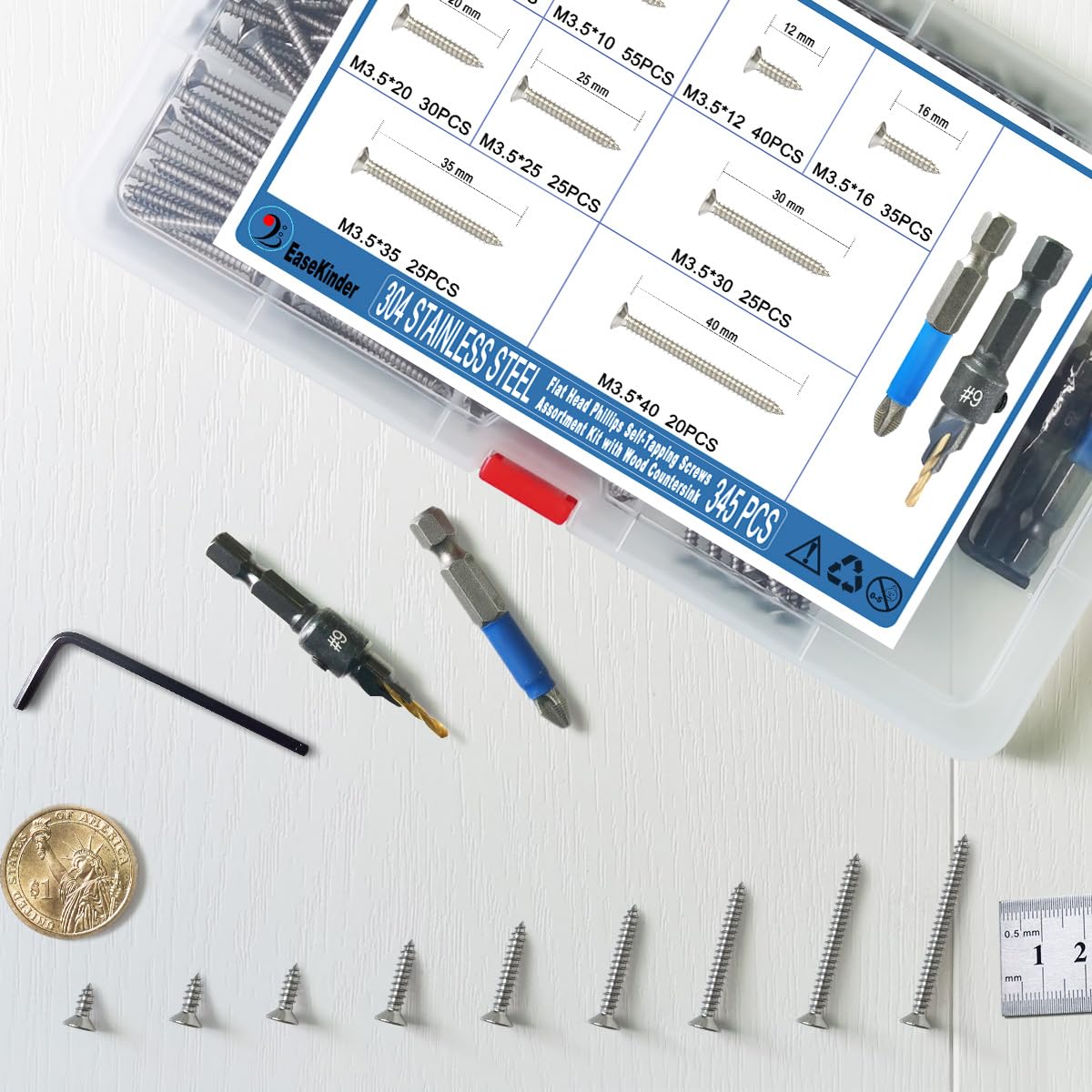 Tornillos de madera – 345 piezas de tornillos Phillips de cabeza plana, tornillo autorroscante de acero inoxidable 304 con avellanador de madera ajustable (SS304 M3.5)
